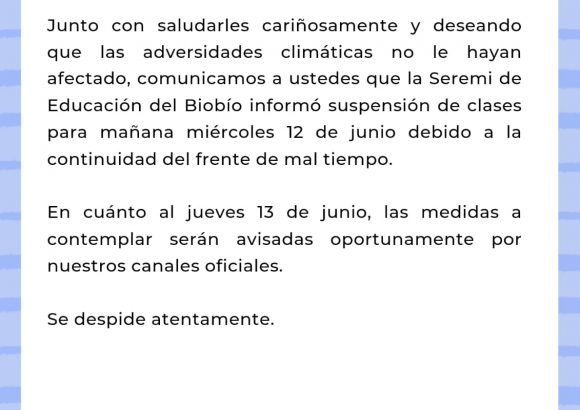 Suspensión de clases por frente de mal tiempo